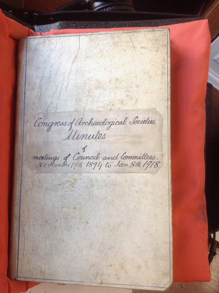 Image of the front cover of the Minute Book of the Congress of Archaeological Societies, 1894-1918. Copyright of the Society of Antiquaries of London.