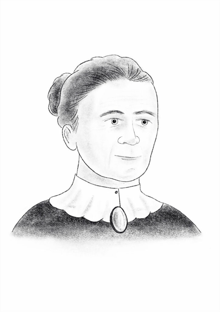 A hand drawn portrait of a white woman wearing her hair in a bun in 1900s style dress.