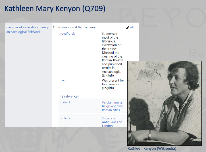 The name Kathleen Mary Kenyon (Q709) with an entry from a Wikidata page and a black and white photograph below.