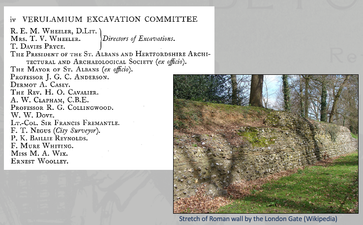 Names from an excavation report with a photograph of a Roman wall in London.